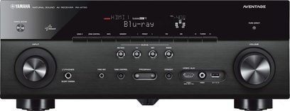 Yamaha RX-A730 zwarte home cinema-versterker, voorkant, vooraanzicht, blauwe display, knoppen en aansluitingen op de voorzijde