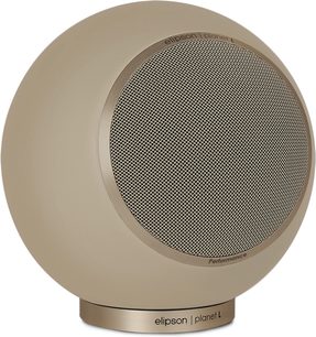 Elipson Planet L Performance 2.0 mat bej renkli küresel kütüphane hoparlörü, dairesel metal ızgara ve silindirik taban ile