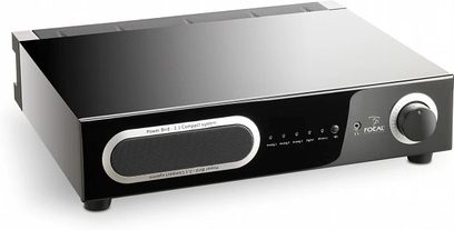 Hi-fi stereo zesilovač Focal Power Bird černý, pohled zepředu, čelní panel v černé barvě s tlačítky a displejem, černé obdélníkové tělo