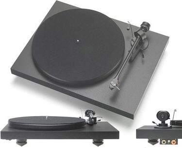 Pro-Ject Debut SE II pladespiller set ovenfra, sort pladetallerken, tonearm med kontravægt, på grå base
