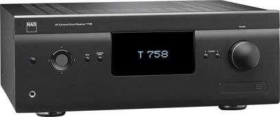 Домашно кино усилвател NAD T758 V3i графит, изглед отпред, дисплей "T758", бутони и входове на предния панел