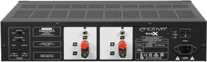 Emotiva BasX A-2 amplificador de potencia, panel frontal, vista frontal, color negro, 2 botones rojos, 2 tomas jack, 2 potenciómetros