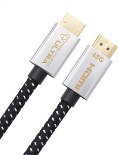 Cavo HDMI Tributaries UHDU Ultra 2m con connettori dorati, involucri argentati con marchi "48G" e "Ultra", guaina intrecciata nera