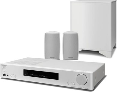 Onkyo LS5200 2.1 speaker pack in white, consisting of a subwoofer and two satellite speakers, with a white finish