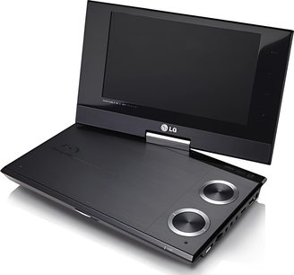 LG BP691B sort bærbar Blu-ray-afspiller, LCD-skærm, kontrolknapper, to højttalere, set forfra i åben tilstand