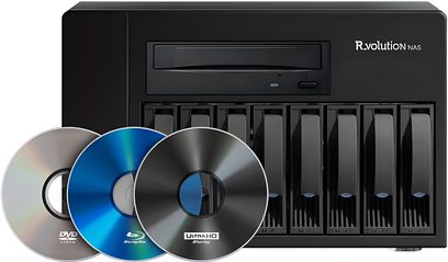 Svart R_volution NAS ULTRA mediespiller med 8 brønner, optisk stasjon og DVD- og Ultra HD Blu-ray-plater