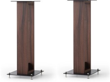 Norstone Design Alva plus walnoot luidsprekerstandaard, vooraanzicht, twee verticale rechthoekige kolommen, zwarte vierkante basis