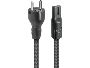 AudioQuest NRG-Y2 2m black mains power cable with braided nylon sleeve, front view of the two-pin male Schuko plug and the female IEC C7 connector bearing the inscription “NRG Y”
