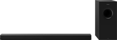 Panasonic SC-HTB600EG sort soundbar med subwoofer, set forfra, på hvid baggrund