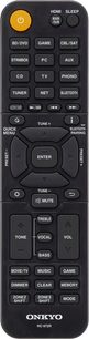 Sort Onkyo RC-972R fjernbetjening med knapper til at styre en hjemmebiografsforstærker, set forfra