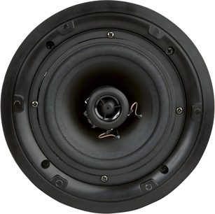 Cassa acustica da incasso a soffitto ArtSound FL401 rotonda nera vista frontale con tweeter centrale e cornice con viti a vista