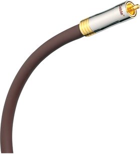 Real Cable AN 990 brun og hvid digital optisk kabel, gylden konnektor, nærbillede af en bøjet ende