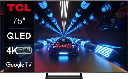 TCL 75C731 2022 TV der viser en rød sportsvogn i en futuristisk tunnel med blå neonlys