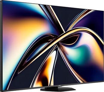 Hisense 75U8Q fekete televízió, fémes hatású vékony kerettel, lapos, vékony szegélyű képernyővel, középső állvánnyal, háromnegyedes bal oldali nézetben
