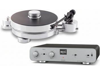 Silverfärgad skivspelare med svart skivtallrik och svart tonarm, tillsammans med en SPL Phonos phono-förförstärkare