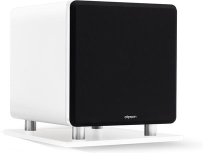 Subwoofer Elipson Prestige Facet Sub8 branco, forma cúbica, acabamento lacado brilhante branco, pés metálicos prateados