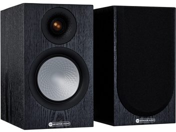 Ηχεία βιβλιοθήκης Monitor Audio Silver 50 7G black oak, μπροστινή όψη μαύρης δρυός, χρυσό tweeter, γκρι ηχείο