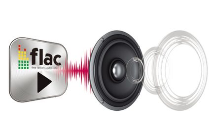 FLAC-logo, sort højttaler set forfra med to koncentriske hvide membraner, tværsnitsvisning af en højttaler