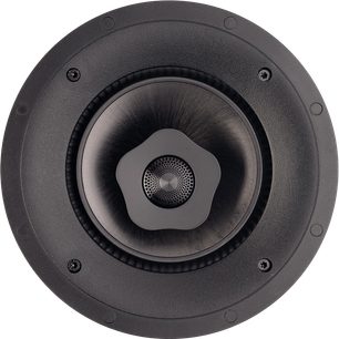 Boxă încastrabilă în tavan P65-R v2, vedere frontală, formă circulară, margine neagră texturată, tweeter central perforat