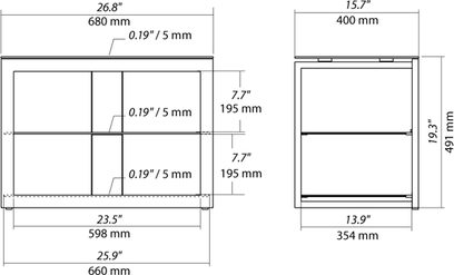 Norstone Design Liny audio-videomøbel med dimensioner i millimeter, 2 åbne rum og 1 dør, set forfra og fra siden