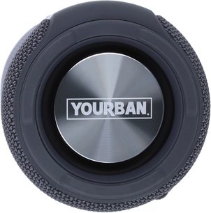 Bluetooth-højttaler Yourban Getone 30 grå MK2, set forfra, cirkulær metaloverflade med centreret logo, tekstureret kant