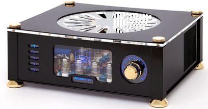 AudioValve Assistent 50 black hi-fi stereo amplifier, front view, facade with vacuum tubes, knobs, display, in open position