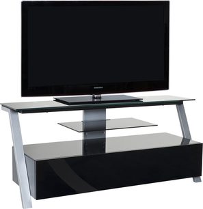 Ateca Silhouette TV-møbel sølv/sort, 2 glashylder, 1 sort hylde, sølvfarvet metalstel, Samsung fladskærm