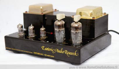Lampařový zesilovač Esoteric Audio Research EAR 509 mk II, 100W mono, černé šasi, 6 elektronek, pohled zepředu