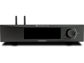 Nuprime Stream 9 must võrgumuusika pleier, esivaatest, parem pool pööratav nupp, peal 2 püstist Wi-Fi antenni