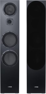Diffusori da pavimento Canton GLE 100 S2 neri, vista frontale, uno con altoparlanti a vista, uno con griglia in tessuto