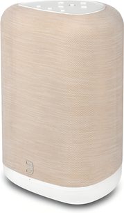 Bluesound PULSE FLEX verbonden luidspreker in beige, vooraanzicht met gevlochten rooster en witte basis