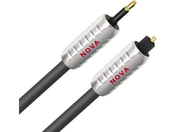 Two black optical cables with silver Toslink connectors, Nova brand, 1 meter length
