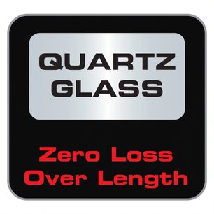 Rektangulær svart etikett med teksten "QUARTZ GLASS Zero Loss Over Length" i hvite og røde bokstaver for HDMI-kabel fra Audioquest