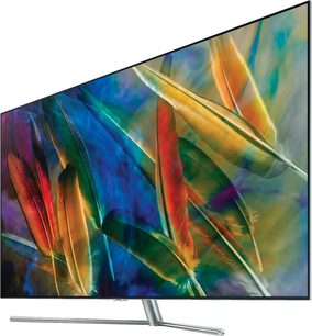 Samsung QE65Q7F-fladskærm, der viser farverige fjer i klare nuancer af blå, grøn, orange og gul på en mørk baggrund