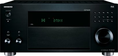 Onkyo PR-RZ5100 sort hjemmebiografsforstærker, frontpanel med display, knapper, drejeknapper og stik