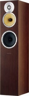 Sloupcový reproduktor Bowers & Wilkins CM7 v tmavém dřevě, pohled zepředu, s 3 kulatými stříbrnými reproduktory různých velikostí