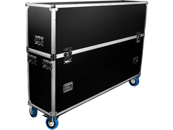 Musta Power Acoustics Flight -kuljetuskotelo kahdelle 75/85-näytölle, hopeanvärisillä vahvikkeilla ja sinisillä pyörillä