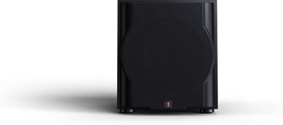 Касон на Perlisten R10s, преден изглед, кръгла черна решетка, правоъгълен корпус, метални крака, лого в долната част