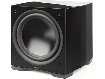 Cassa acustica Paradigm Defiance S12 nero laccato, vista 3/4 anteriore, altoparlante con sospensione in gomma, piedi grigi