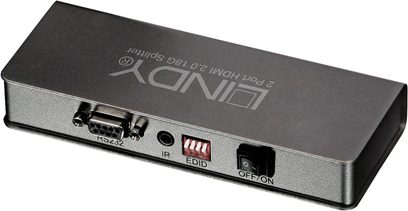 Przełącznik i rozdzielacz HDMI 1 na 2 Lindy 38240 czarny, widok z przodu, z portami HDMI, portem zasilania i lampką kontrolną