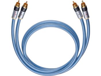 Oehlbach Series 2 analogt RCA-lydkabel 1 m, blå transparent PVC-kappe, sølvfarvede RCA-metalstik med guldbelagte spidser og sorte ringe, set fra oven