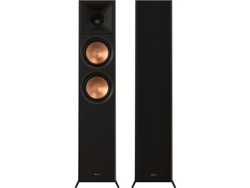 Due casse a colonna nere Klipsch RP-6000F II ebony edizione 2022, tweeter dorato, altoparlante in rame, vista frontale