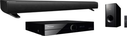 Pioneer DCS-SB314 sort soundbar med trådløs subwoofer, set forfra og fra siden