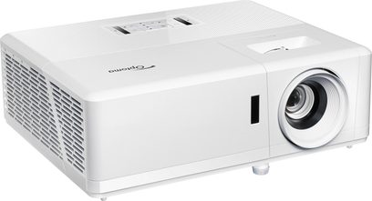 Projetor Optoma UHZ45 branco, vista frontal e três quartos, lente à direita, grelhas de ventilação nas laterais