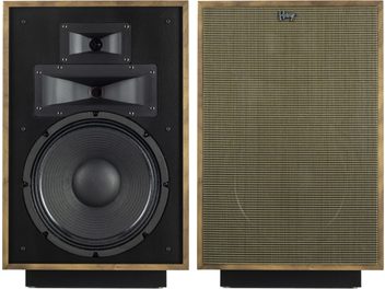 Coluna Klipsch Heresy IV em nogueira, gabinete de madeira retangular vertical, alto-falantes pretos redondos, grade preta perfurada