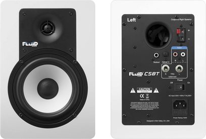 Fluid Audio C5BT forstærket monitorhøjttaler, set forfra og bagfra, sort kabinet, hvid højttaler, bagside med tilslutninger