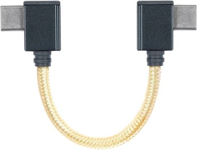 USB 3.0 Type C-til-C-kabel fra iFi Audio, beige flettet kappe, sorte vinklede stik, set forfra