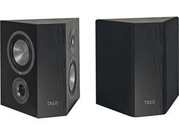 Taga Harmony Platinum S-100 V.4 speakers, black, front and side view, dark wood enclosure, exposed speakers