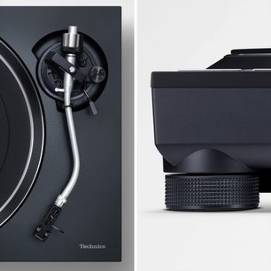Pickup pentru viniluri Technics SL-100CEG-K negru, vedere laterală și frontală, brațul pickup-ului metalic, disc negru mat