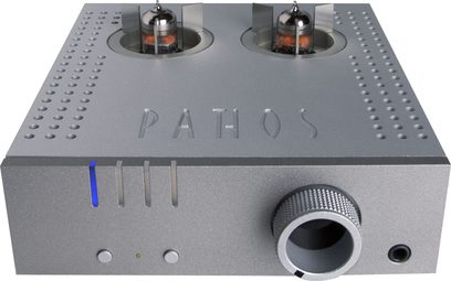 Preamplificador de auriculares Pathos Aurium plateado, carcasa metálica rectangular perforada, 2 tubos de vacío, conectores jack en el panel frontal